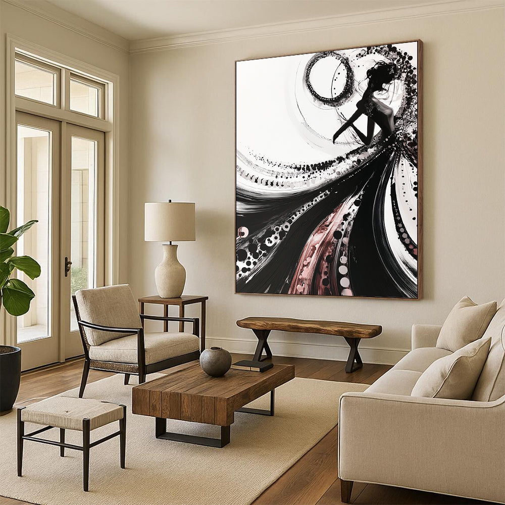 Black, White, Pink, Swirling Silhouette "Elegant Ink Silhouette" Abstract Figurative Painting On Canvas HB176