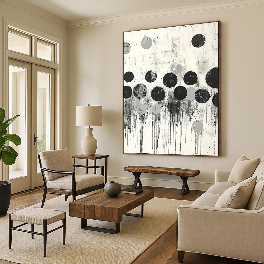 Black, Gray & White Dripping Dots - “Urban Raindrop Rhythm” Painting On Canvas HB191