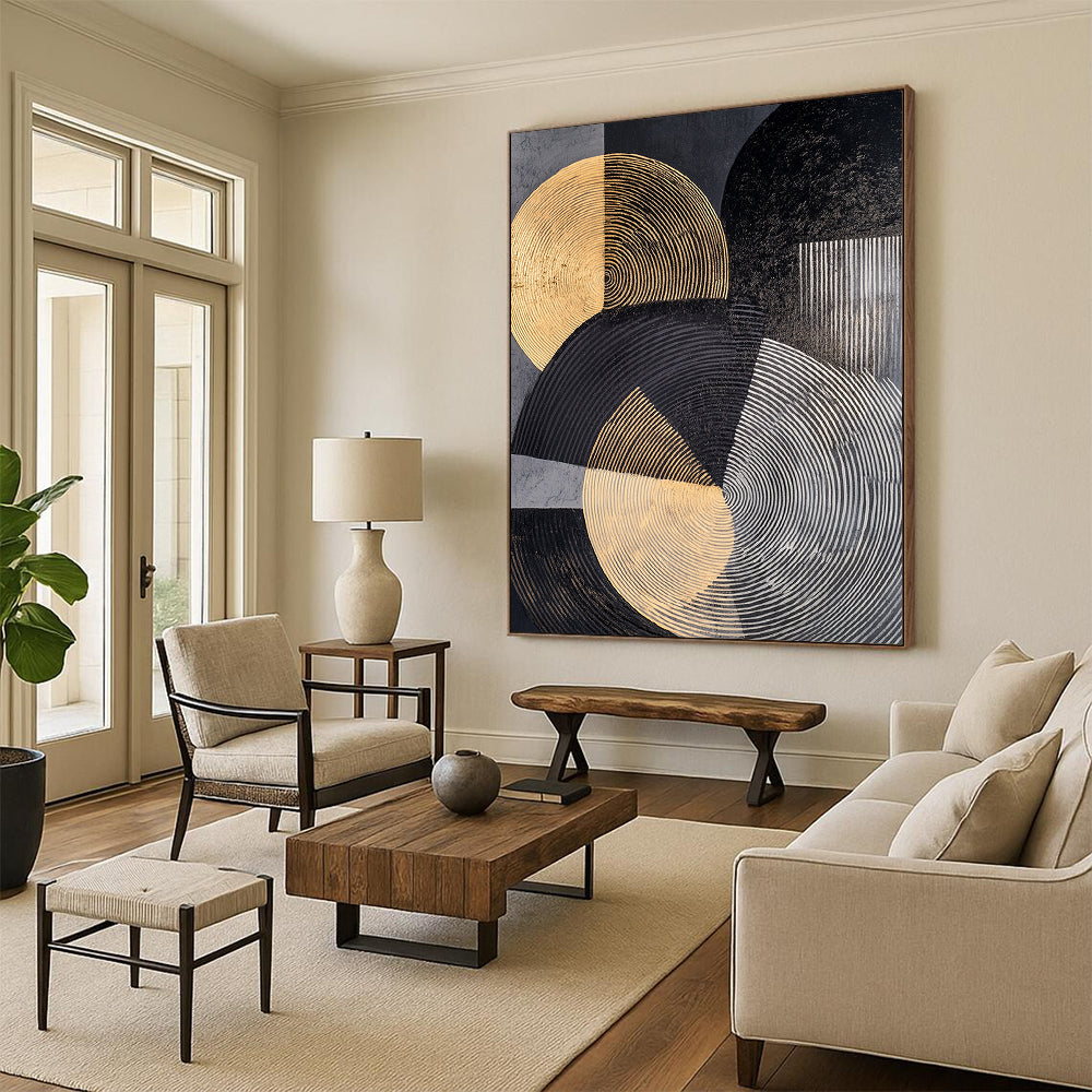 Gray, Black, Gold and Silver Geometric Abstraction "Elegant Geometry" Painting On Canvas HB385