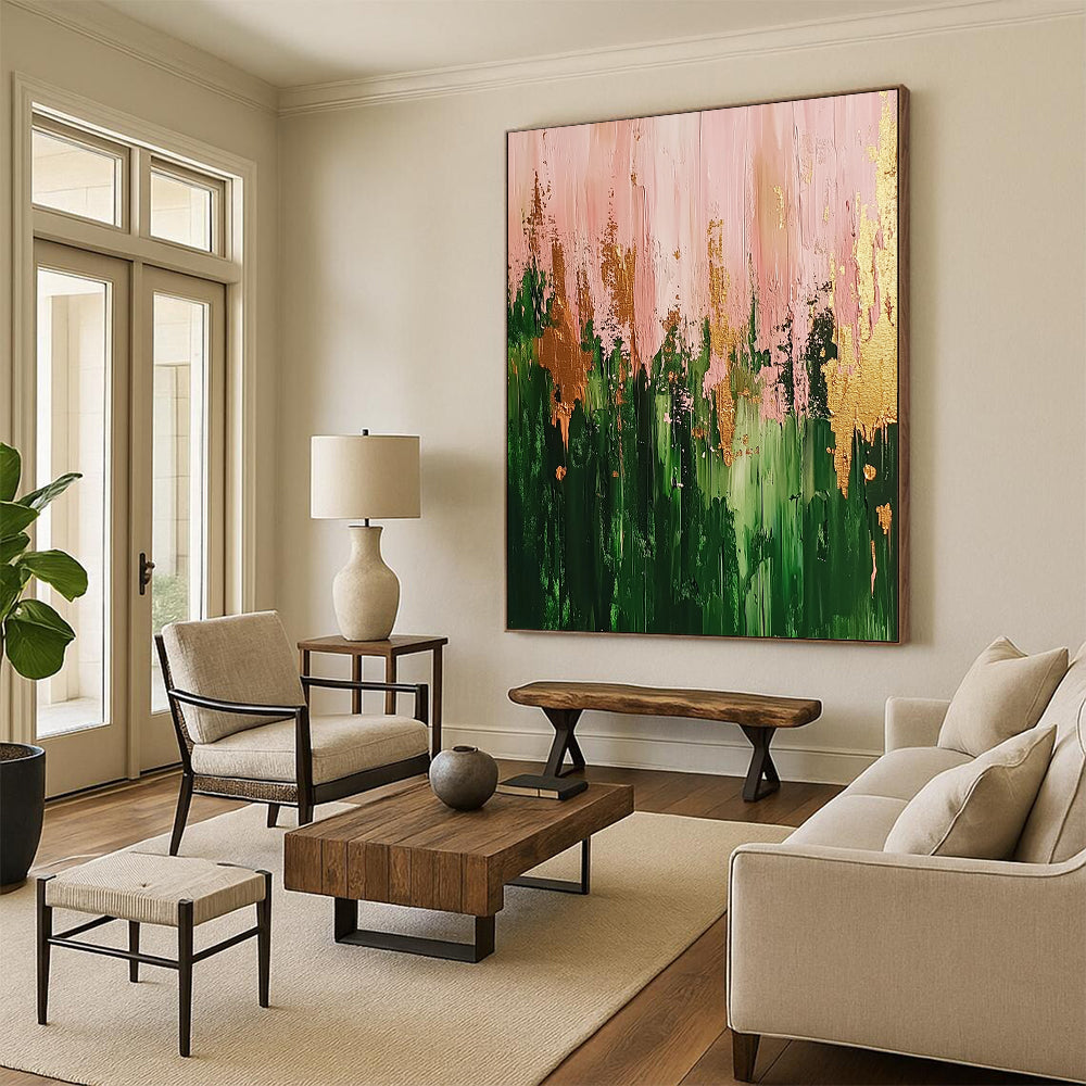 Contemporary abstract artwork featuring a vibrant forest in green and pink hues highlighted with gold accents and dynamic brush strokes. DLZ0904