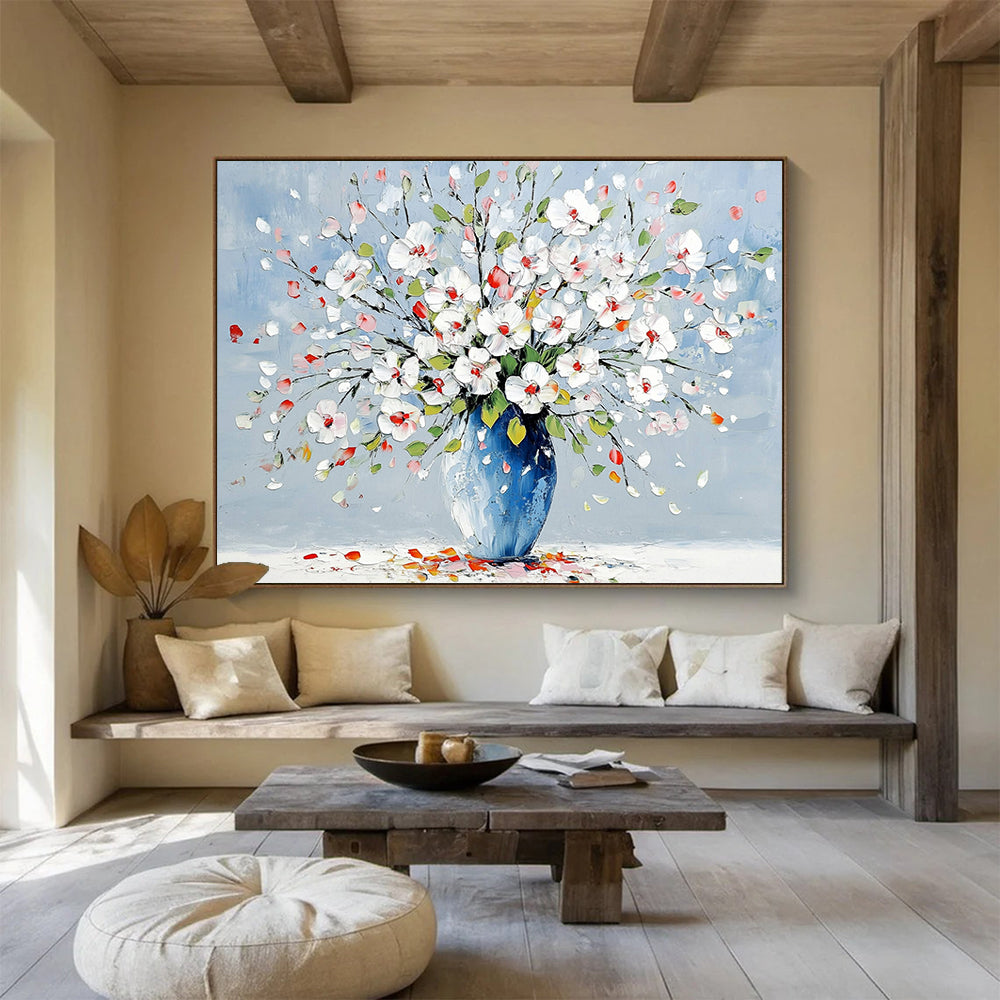 “Colorful Floral Vase” - White, Pink, Red, Green, Blue, Floral Bouquet in a Vase - Impasto Oil Painting HB1782