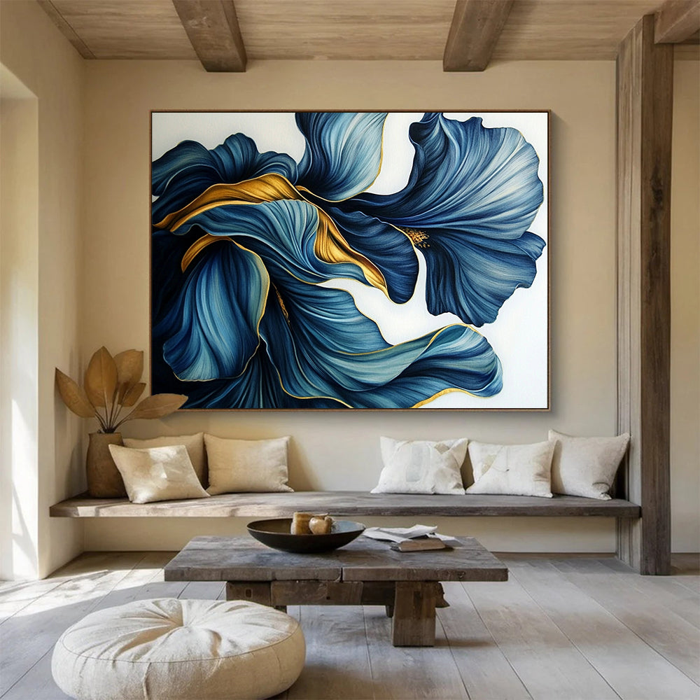 “Blue - Gold Petal Swirls” - Intricate blue petals with golden accents, Floral Realism Painting On Canvas HB0536