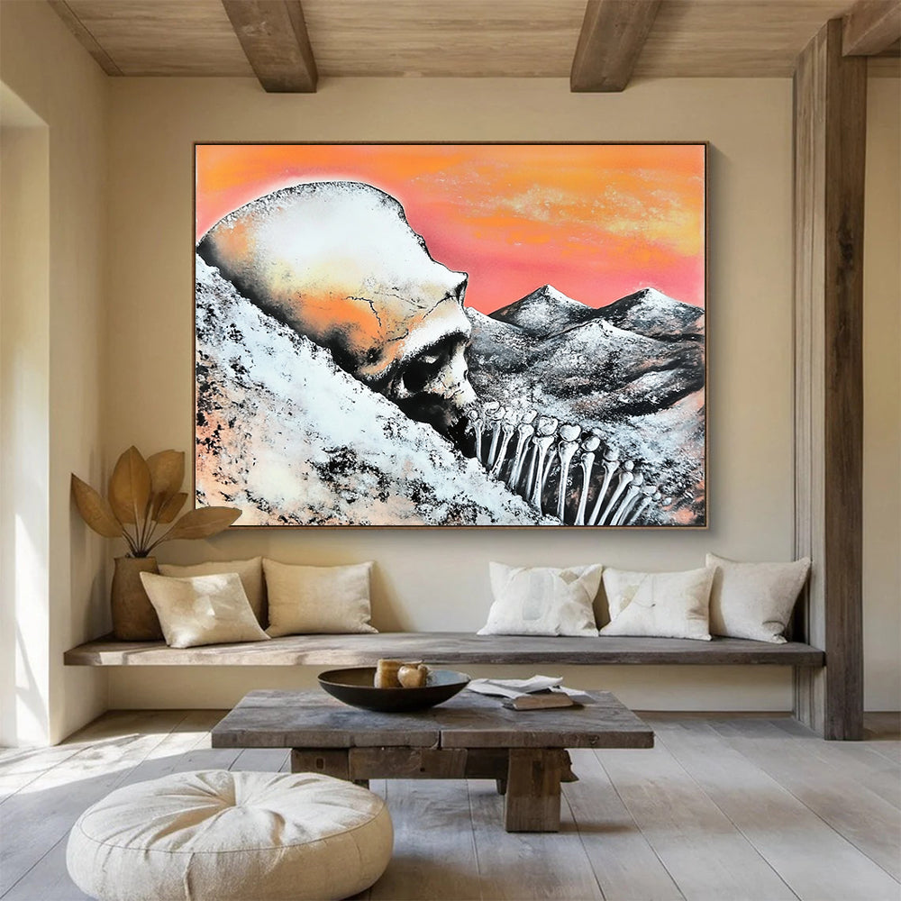 “Skull and Mountains” - Orange, Pink, Gray, Black, Surreal Landscape - Surrealist Acrylic Painting HB1553