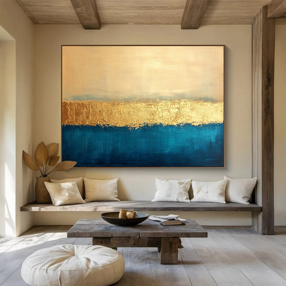 “Gold and Blue Striped Abstract” - Gold, Blue, Horizontal Stripes, Minimalist Painting On Canvas HB0897