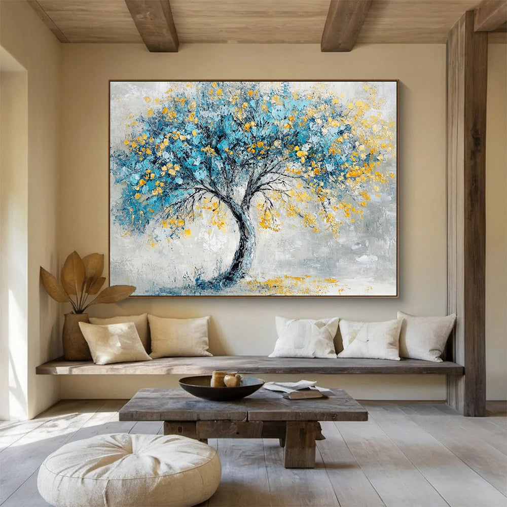 “Blue - Yellow Tree” - Gray background, blue foliage, yellow blossoms, Textured Tree Painting On Canvas HB0589