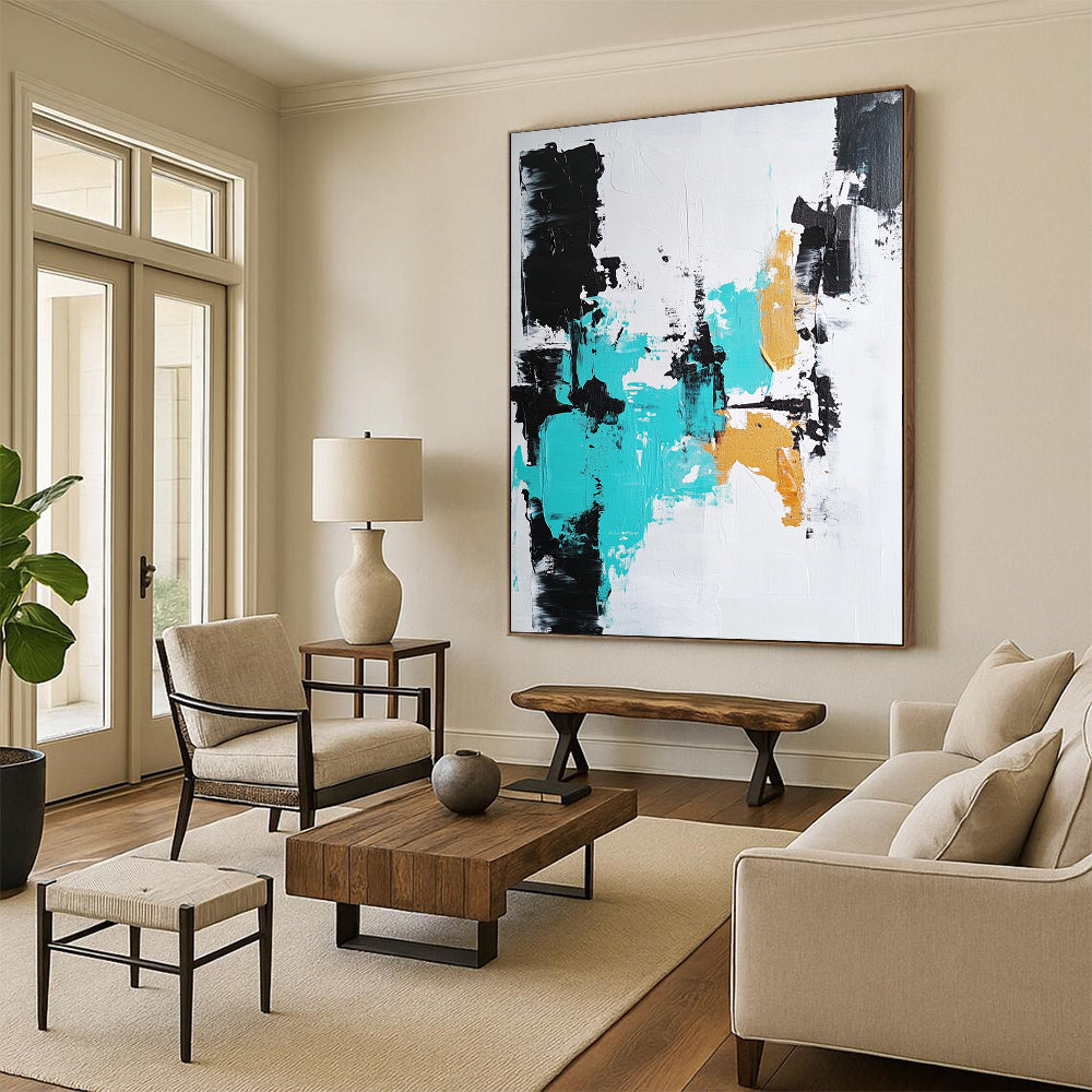 Contemporary hand-painted abstract artwork featuring bold brushstrokes in black, white, and teal, perfect for modern decor. DLZ0819