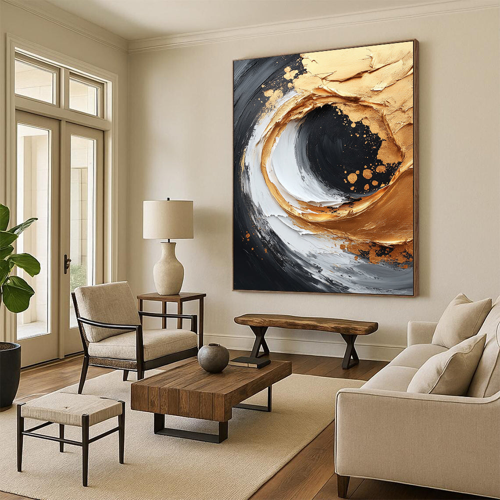 Contemporary abstract painting featuring gold and white brushstrokes on a black canvas with dynamic composition and textured accents in high resolution. DLZ0739