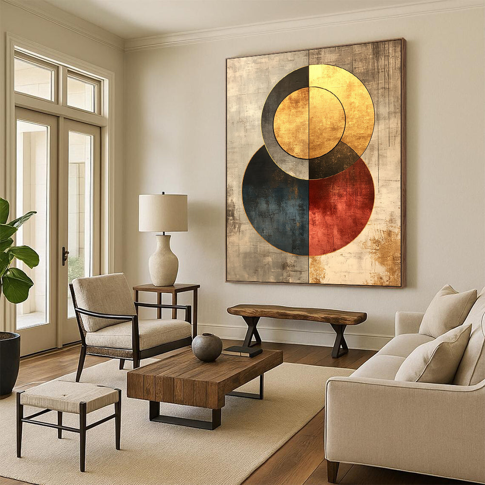 Contemporary hand-painted abstract art in gold and grey features retro circles with a grainy texture and minimalist background for timeless elegance. DLZ0266
