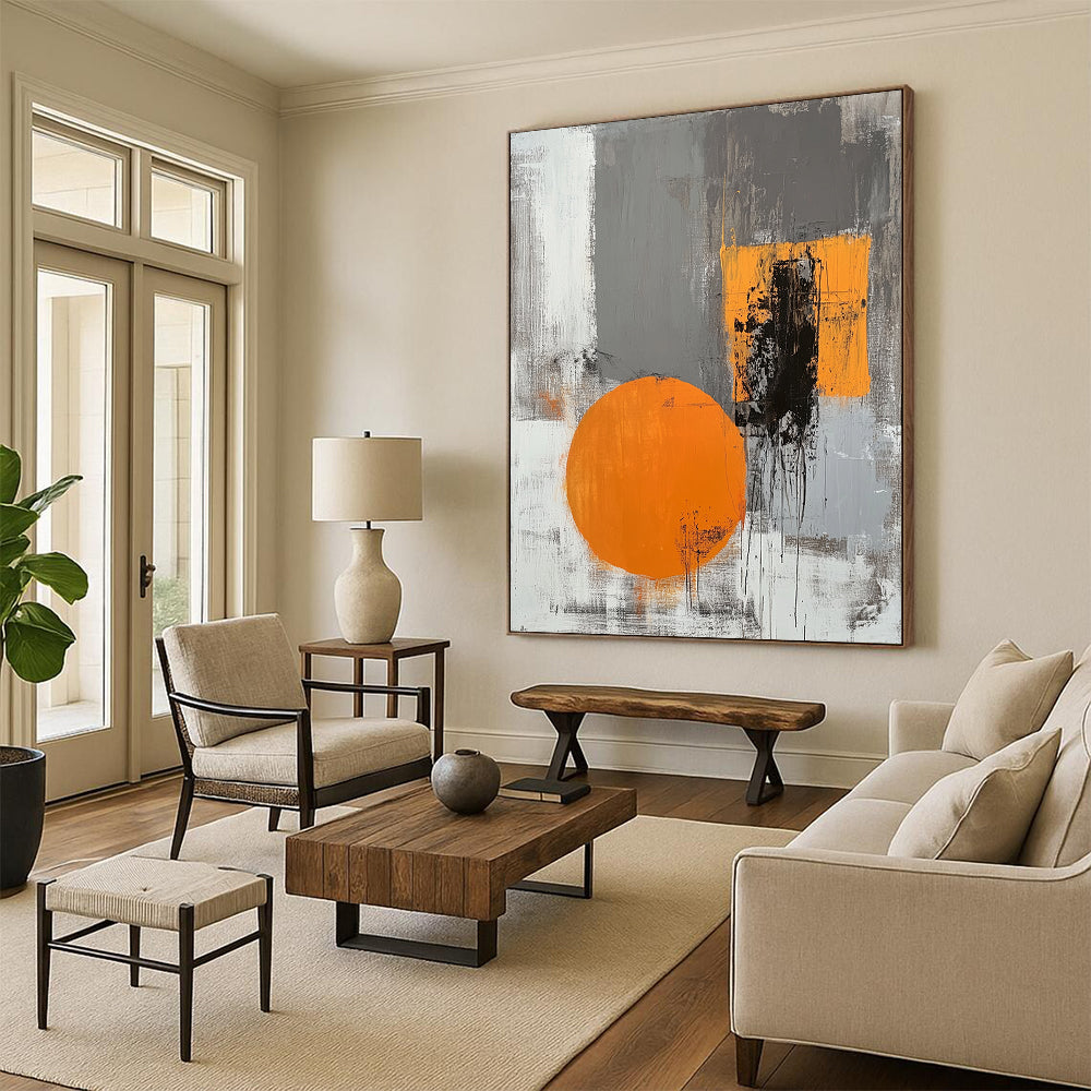 Gray, Black, Orange and White Minimalist Abstraction "Subtle Energy" Painting On Canvas HB337