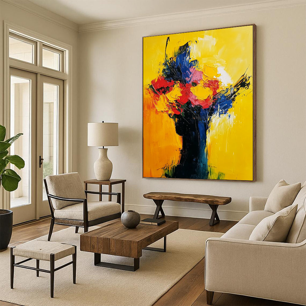 Contemporary abstract painting in vibrant yellow red and blue showcasing expressive flowers and a sunrise with visible brush strokes on oil canvas. DLZ0542