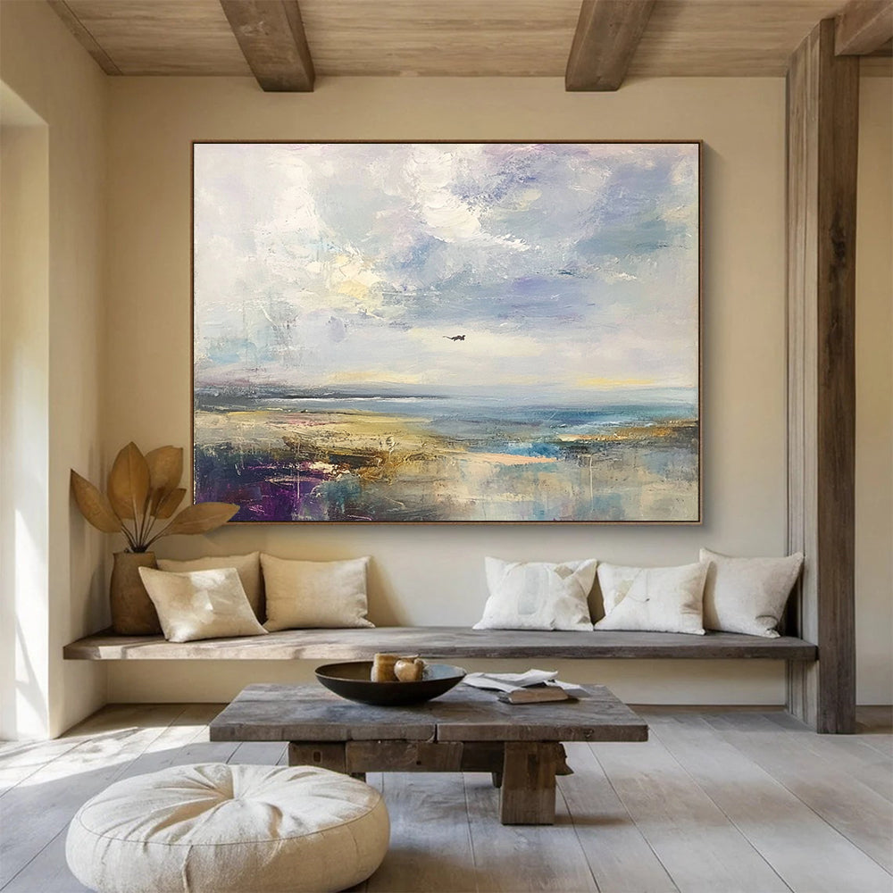 “Impressionist Seaside” - Purple, blue, beige, Impressionist Landscape Painting HB0644