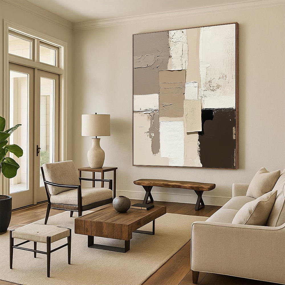 Large contemporary hand-painted abstract artwork featuring beige and neutral tones with expressive brush strokes on a minimalist canvas. DLZ0293