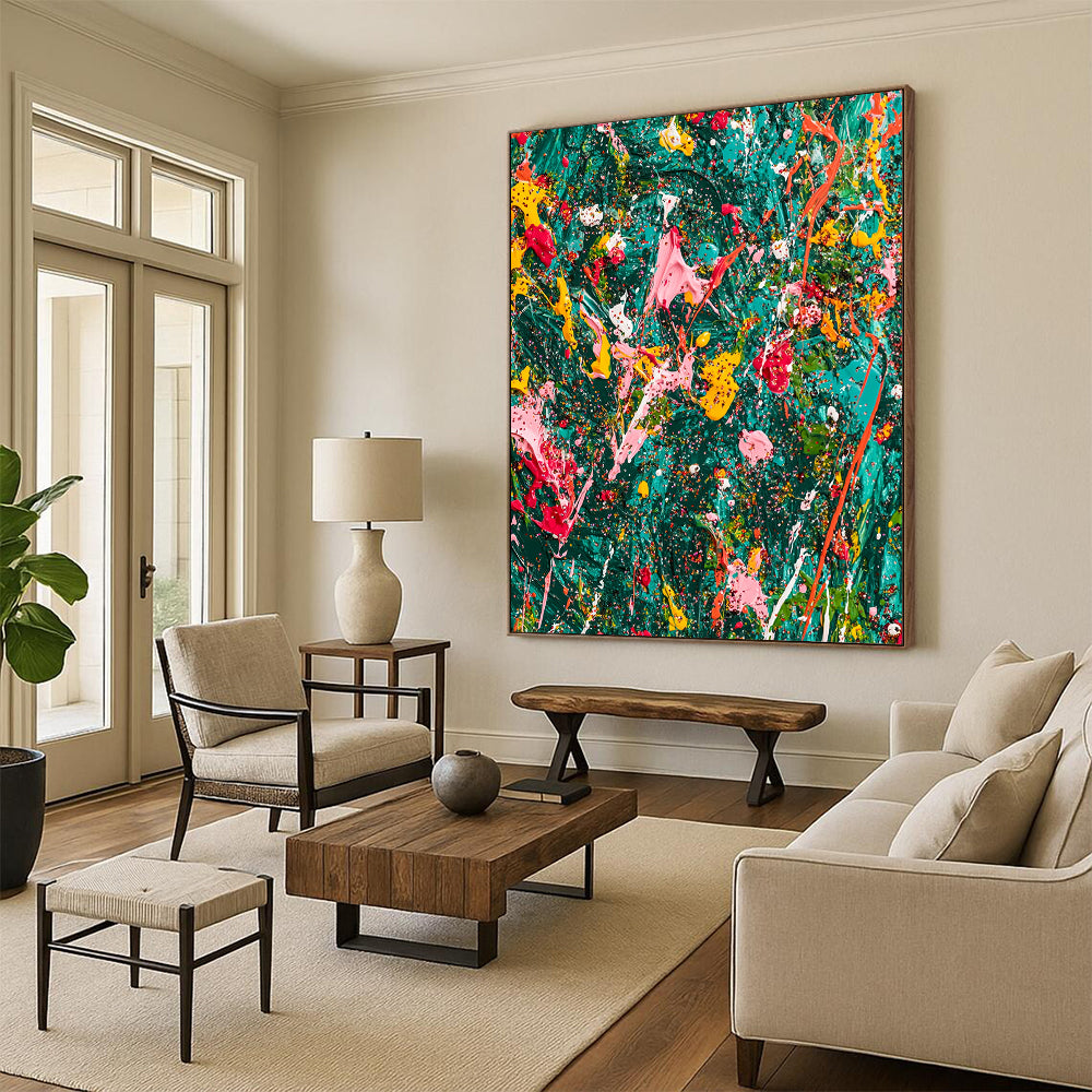 Vibrant abstract expressionist painting on teal canvas showcasing chaotic splattered paint and glitter with rich colors and dynamic brushwork in a jungle-green background. DLZ1178