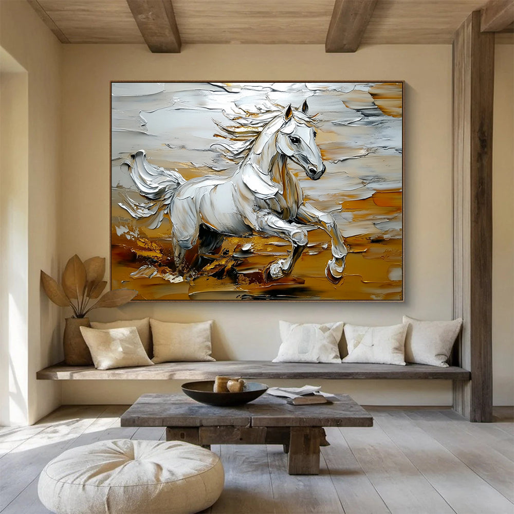 “Galloping White Horse” - Whites, Golds, Browns, Running Horse - Palette Knife Oil Painting HB1570