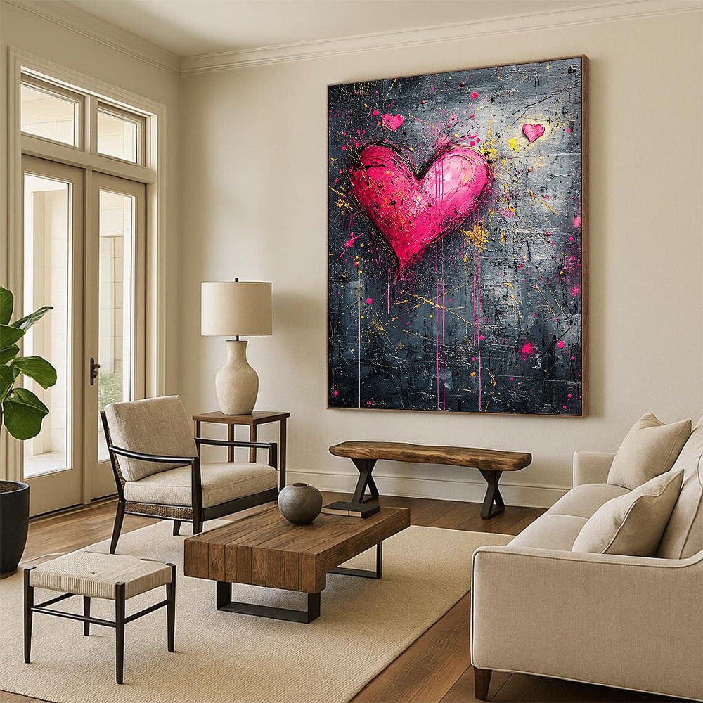 Pink Hearts with Splattered Yellow & Red - “Passionate Urban Hearts” Painting On Canvas HB212