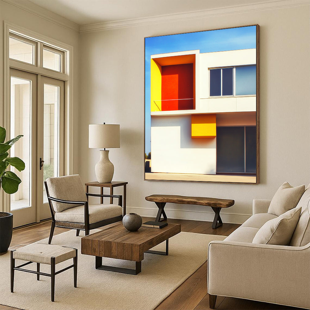 Contemporary abstract art featuring a minimalist white structure with vivid orange and yellow accents set against a clear blue sky background. DLZ1640
