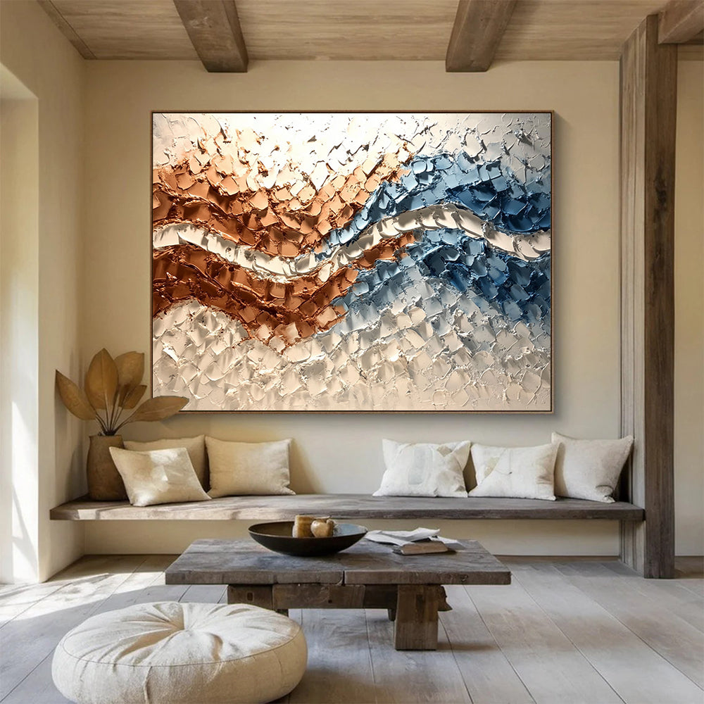 “Textured Copper - Blue Waves” - Copper, Blue, White, 3D Wave - Patterned Abstract Painting On Canvas HB0979