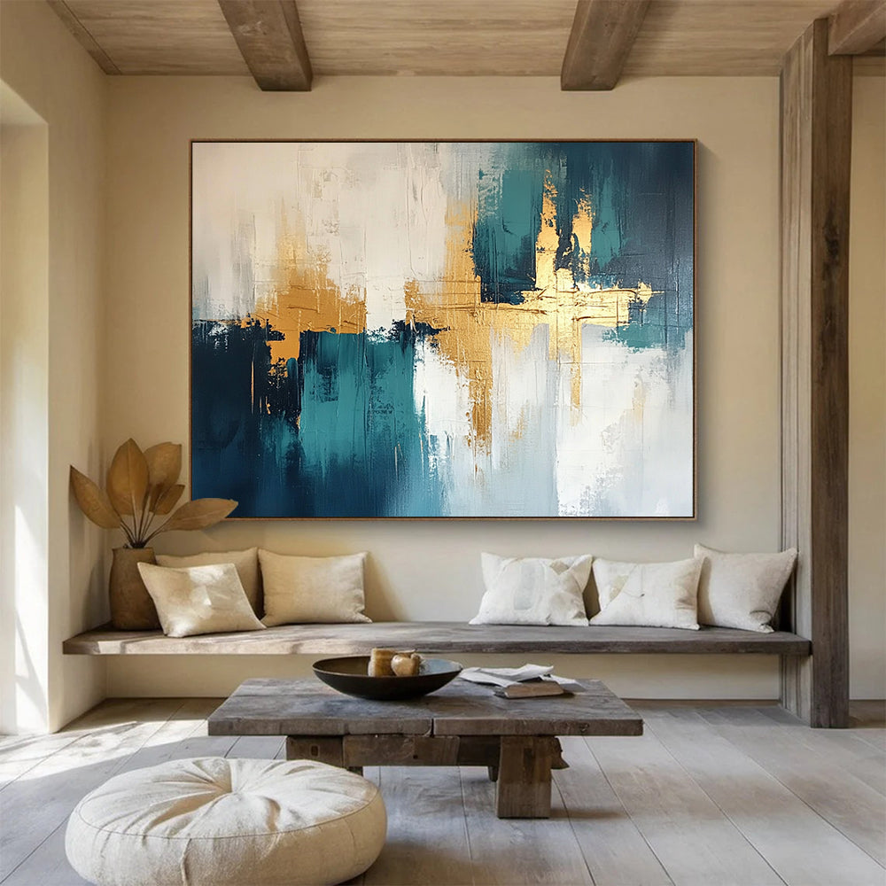 “Teal and Gold Geometric Abstract” - Teal, white, gray, gold; Geometric abstract with gold crosses; Acrylic Painting On Canvas HB1247