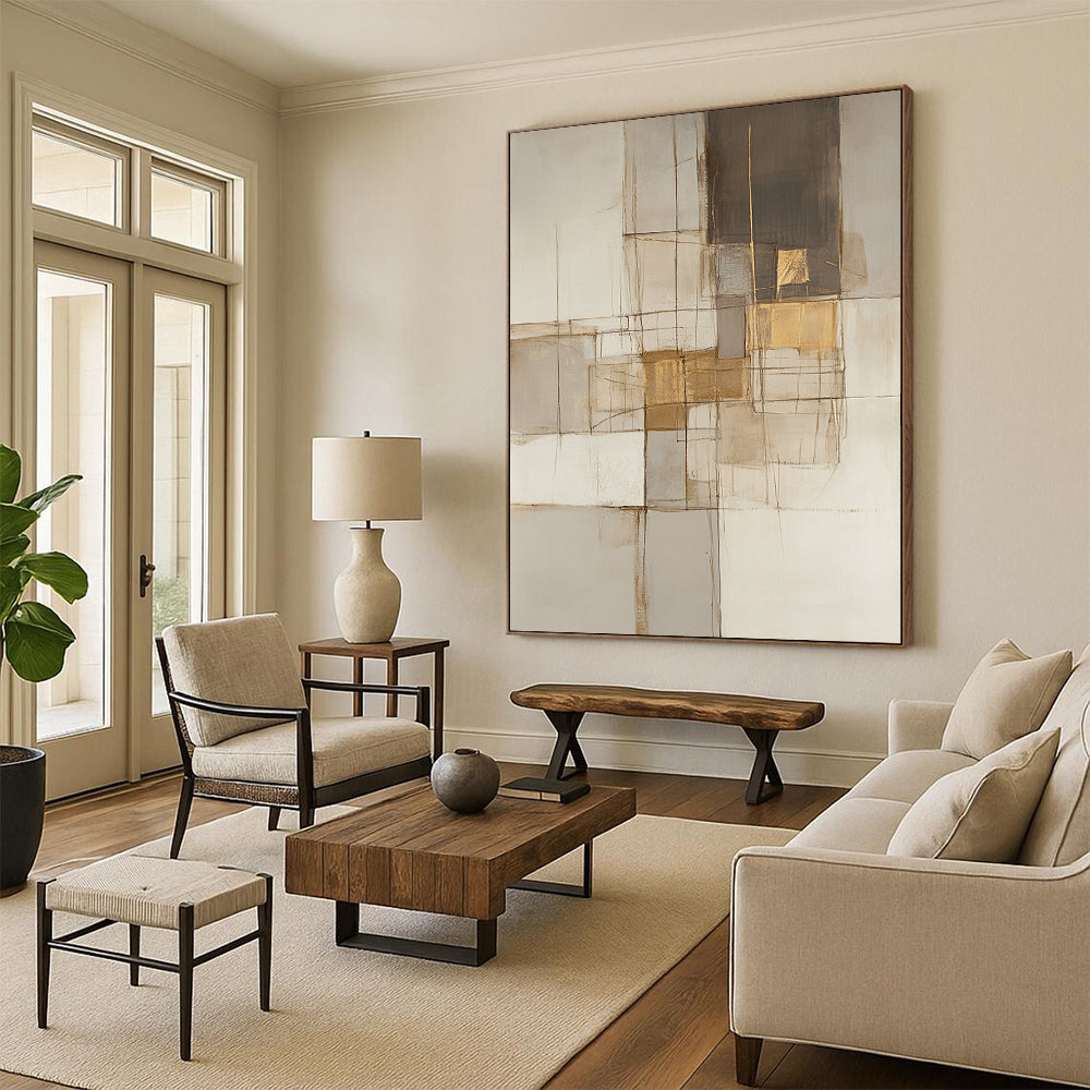 Large contemporary hand-painted abstract artwork featuring neutral tones with lines and squares accented in gold, beige, gray, and white. DLZ0923