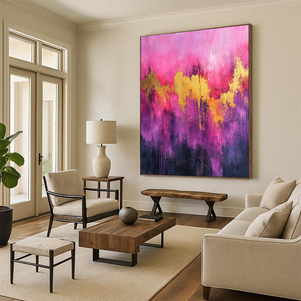 Contemporary abstract artwork featuring vibrant pink and purple tones with gold accents and dynamic splatter drips on textured canvas. DLZ0909