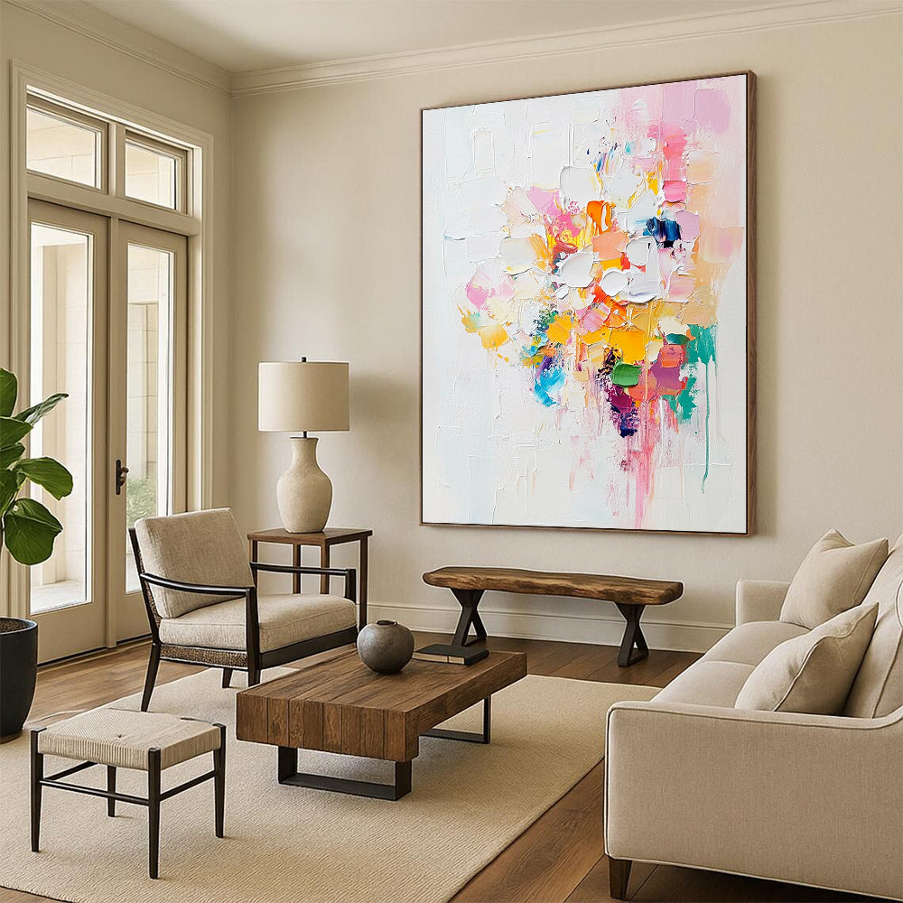Contemporary hand-painted abstract artwork with white and pastel colors enriched by vibrant accents and thick impasto brushstrokes. DLZ0519