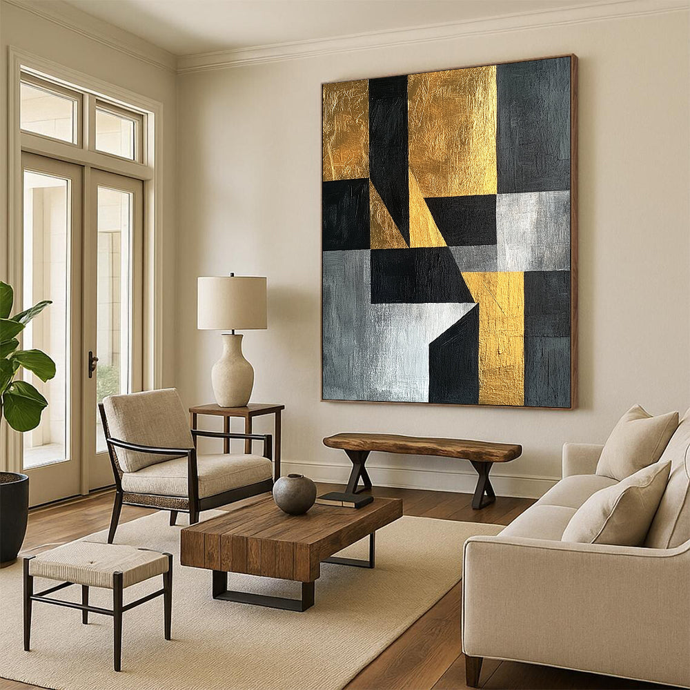 Black, Gray, Silver and Gold Geometric Abstraction "Elegant Geometry" Painting On Canvas HB372