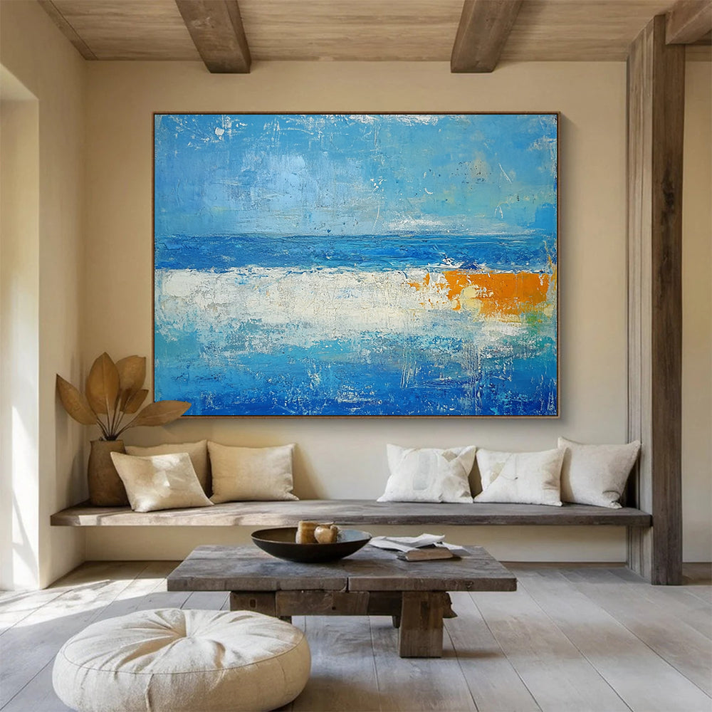 “Abstract Beach Horizons” - Blues, whites, oranges; Softly layered beach and sea; Color - Field Acrylic Painting On Canvas HB1185