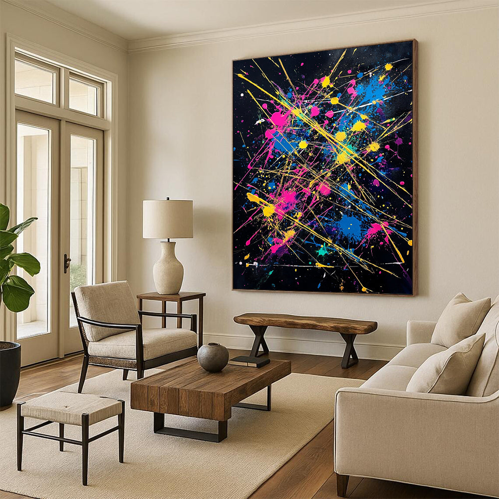 Black, Colorful Splashes, Yellow Lines "Fiesta Explosion" Abstract Painting On Canvas HB029