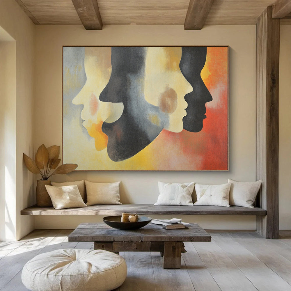 “Colorful Layered Faces” - Gray, Yellow, Red, Abstract Profiles - Surrealist Acrylic Painting HB1490