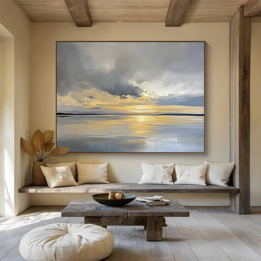 “Sunset Over Calm Waters” - Gray, Gold, Blue, Abstract Landscape Painting On Canvas HB0676