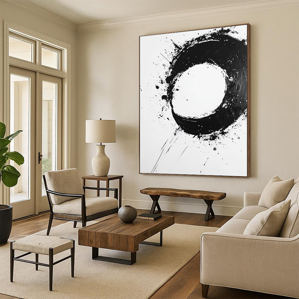Black Splattered Circular Ink - “Expressive Enso Mark” Painting On Canvas HB232