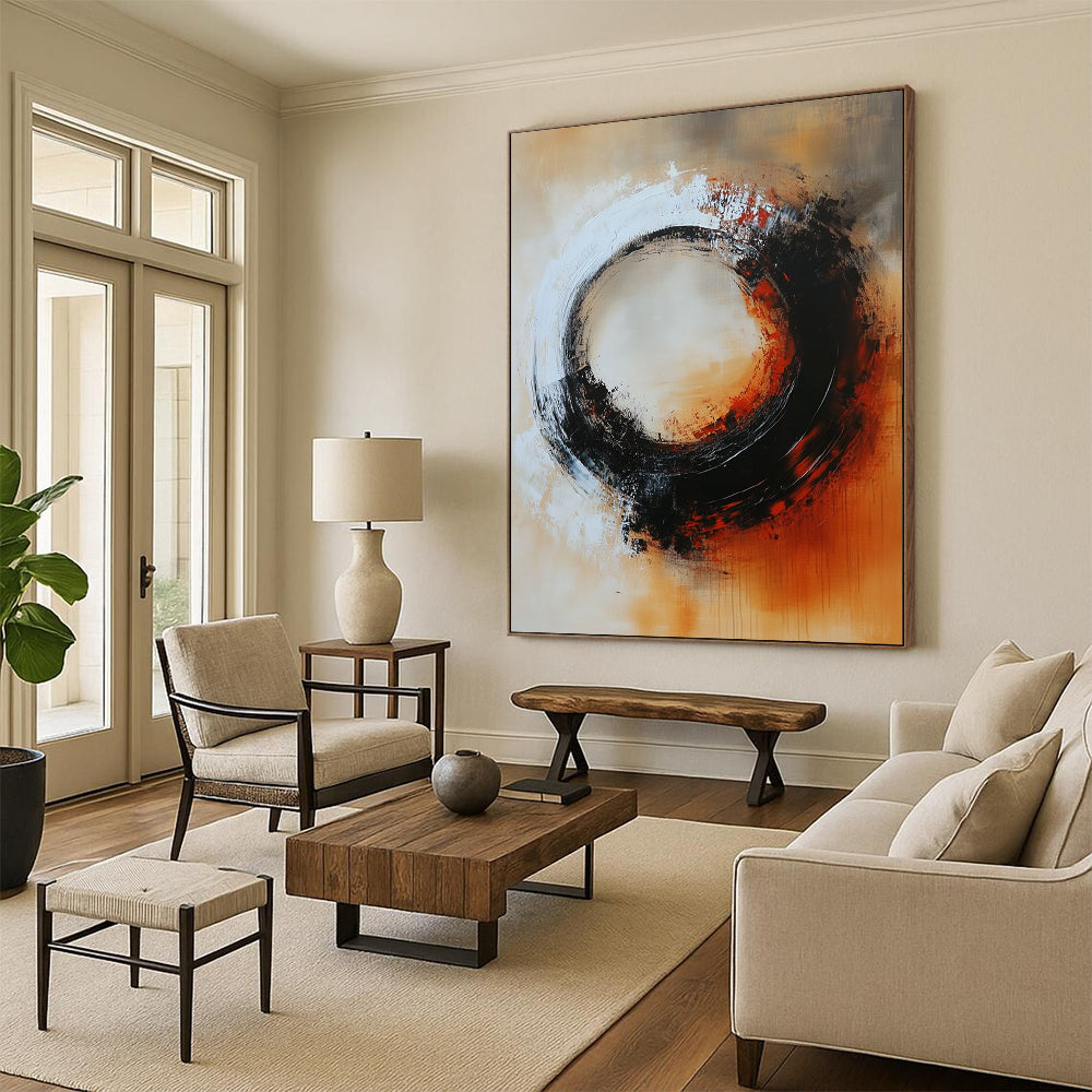 Large contemporary hand-painted abstract artwork featuring a circular composition with warm tones and mysterious elements in dark gray and soft reds. DLZ0702