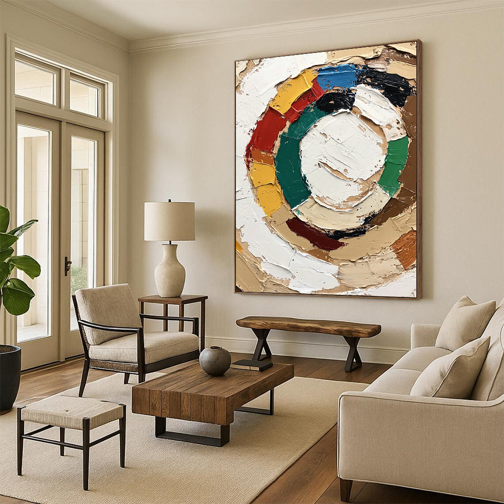 Contemporary abstract painting featuring the Olympic symbol with textured strokes and vibrant accents conveying a joyful expression in neutral colors. DLZ0654