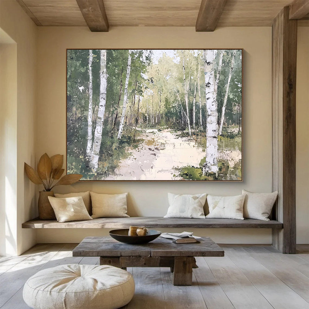 “Birch Forest Path” - Greens, Whites, Earthy Browns, Forest Path - Oil Painting HB1619