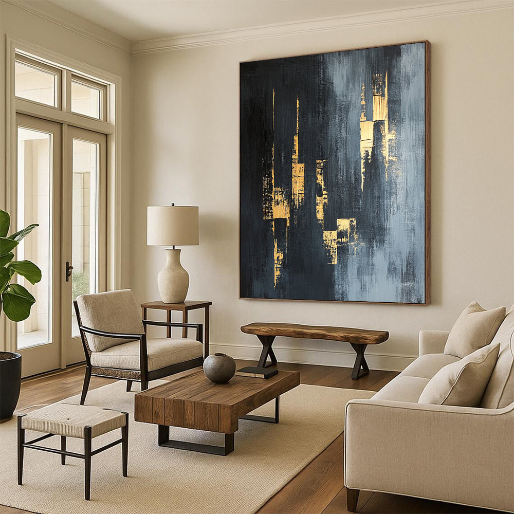 Gray, Gold, Urban Silhouettes "Gilded Cityscape Shadows" Abstract Urban Painting On Canvas HB169