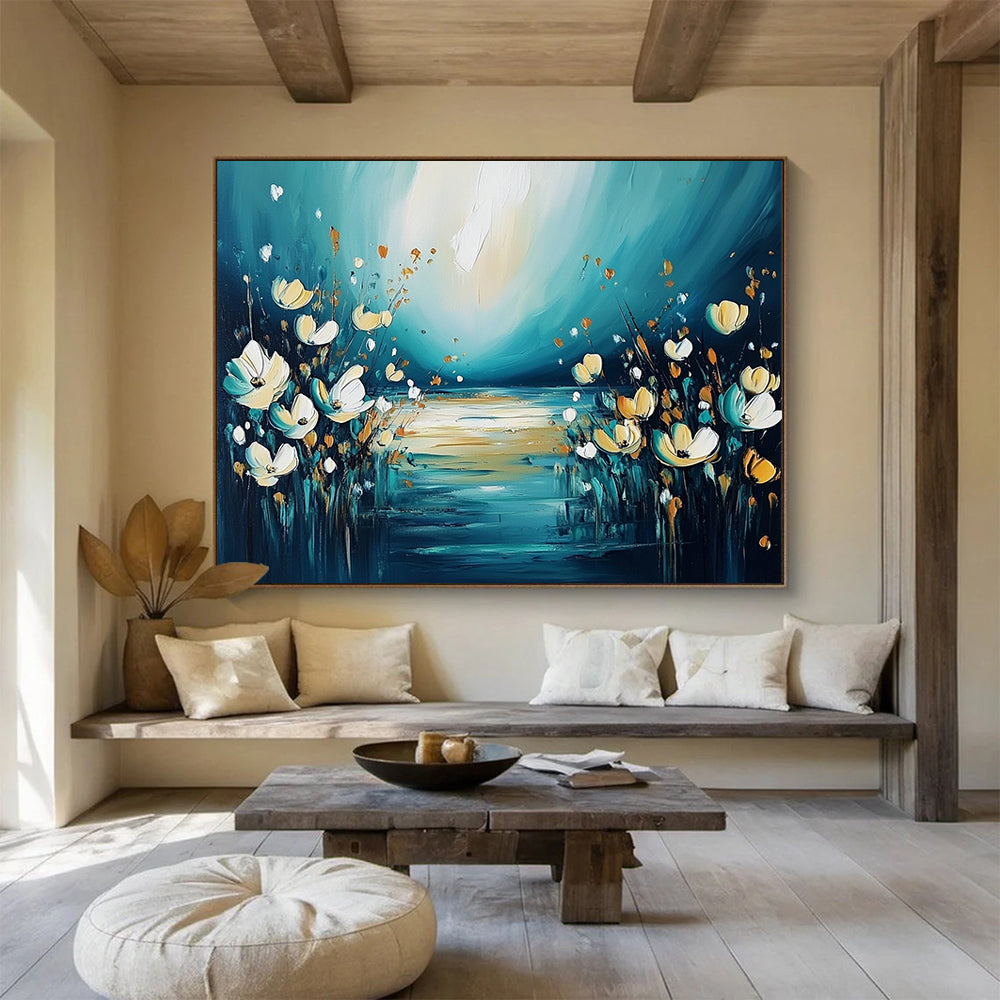 “Dreamy Floral River Abstract” - Teal, Yellow, White with Flowers and River - Painting On Canvas HB1399