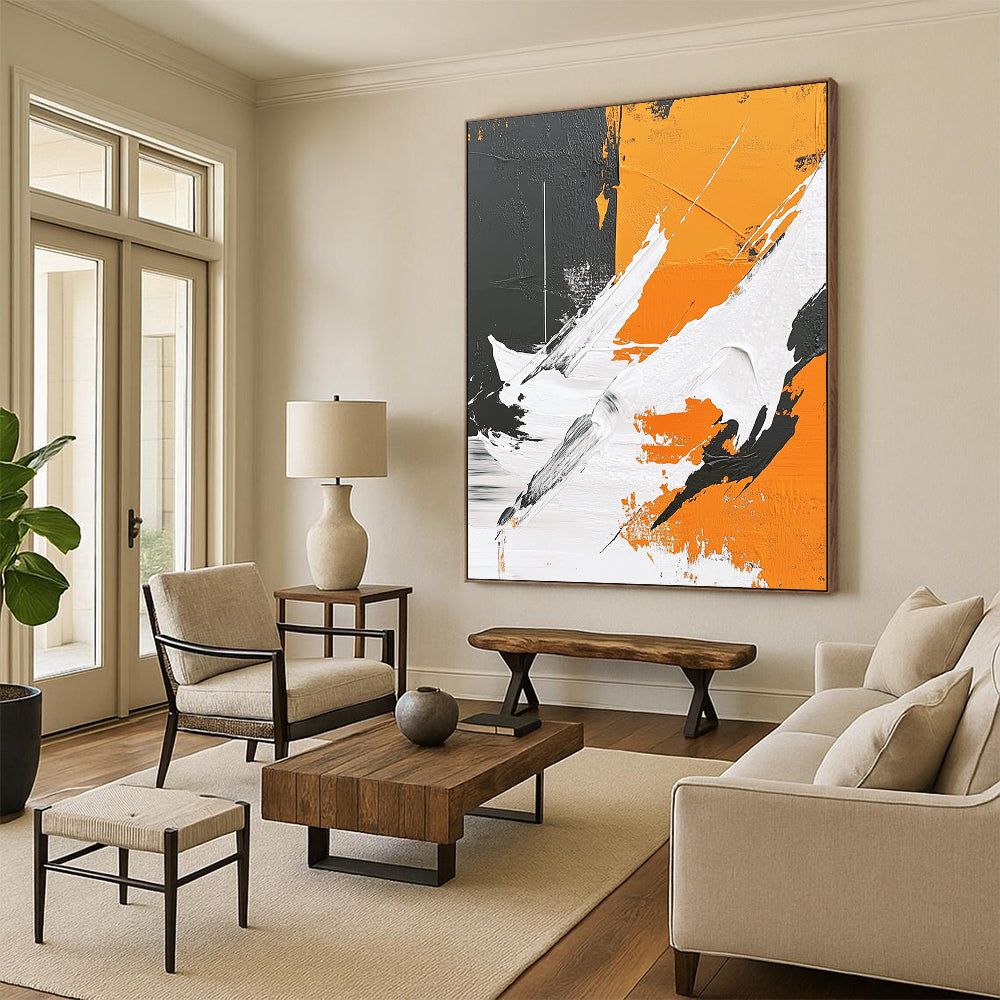 Contemporary hand-painted abstract art featuring thick brushstrokes, geometric elements, and a polar bear silhouette against a gray background with vibrant orange and white details. DLZ0653
