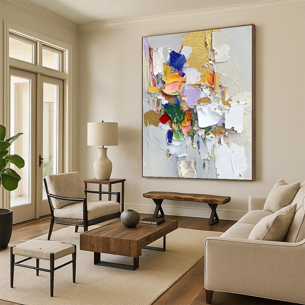 Contemporary abstract artwork featuring palette knife textures thick brush strokes and vibrant fabric pieces on textured paper with gold leaf highlights. DLZ0716