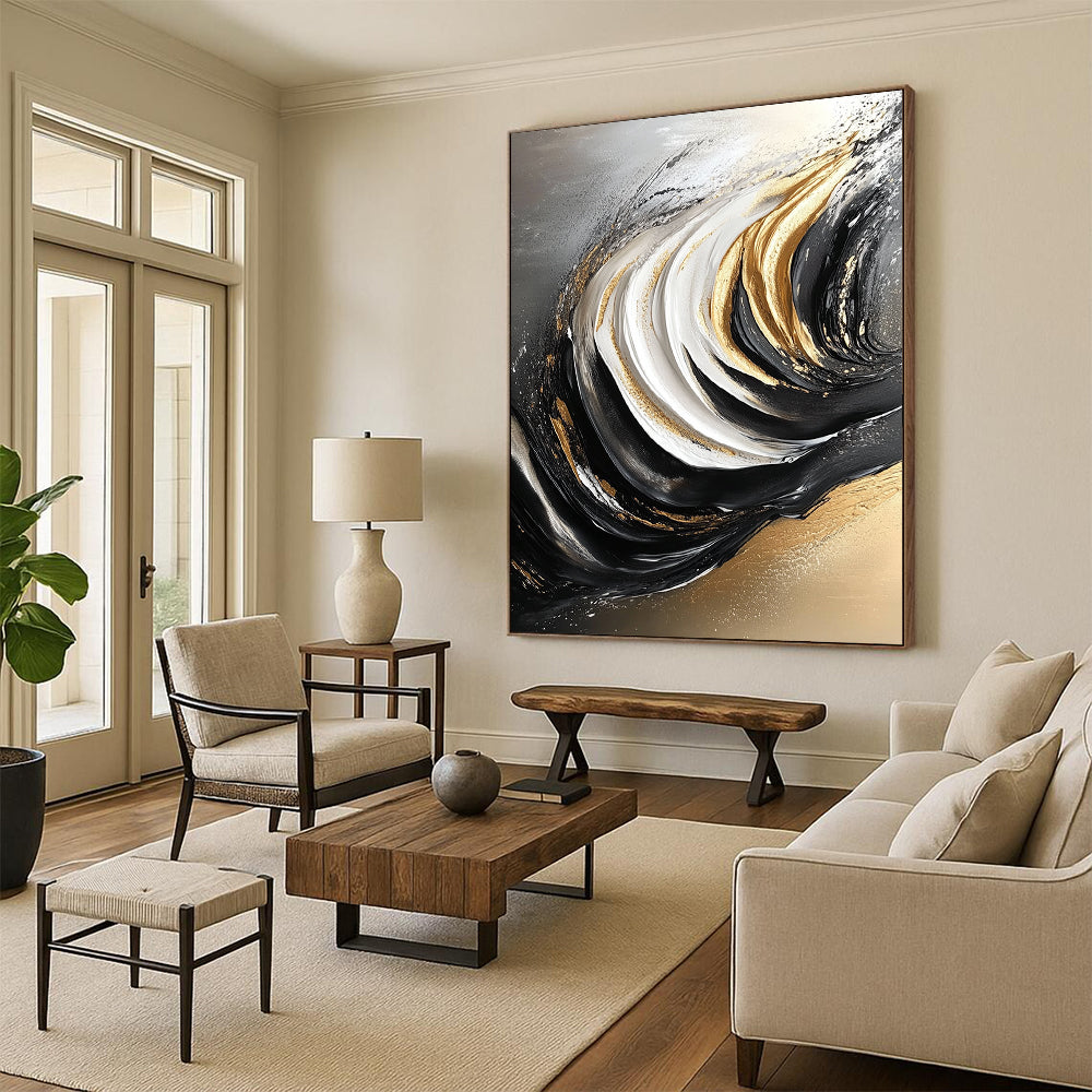 Contemporary hand-painted abstract art featuring flowing grain in black and white with elegant gold accents for a striking visual impact. DLZ0297