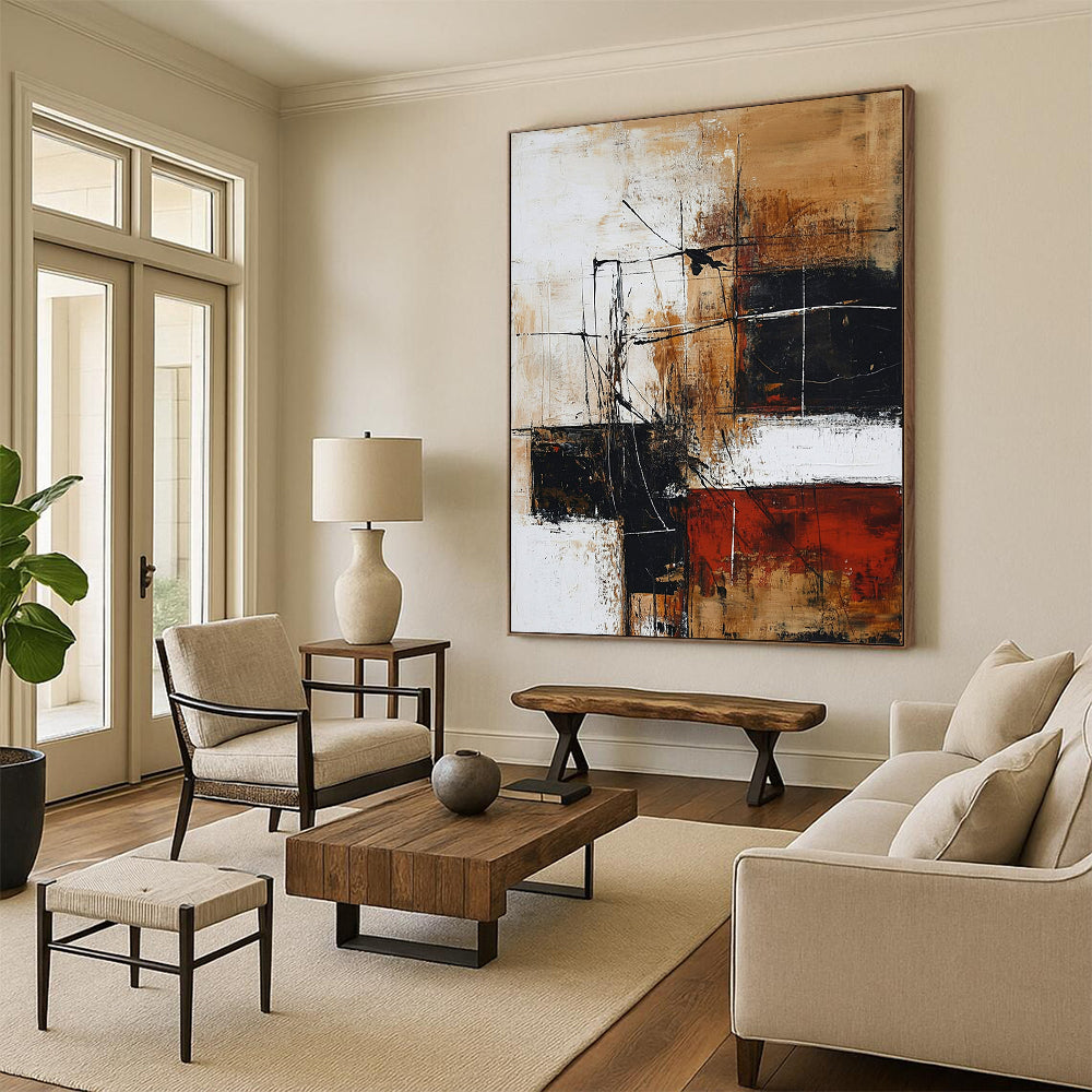 Contemporary hand-painted abstract artwork features brown and black tones on white, creating depth with interlaced shapes and loose strokes. DLZ0734