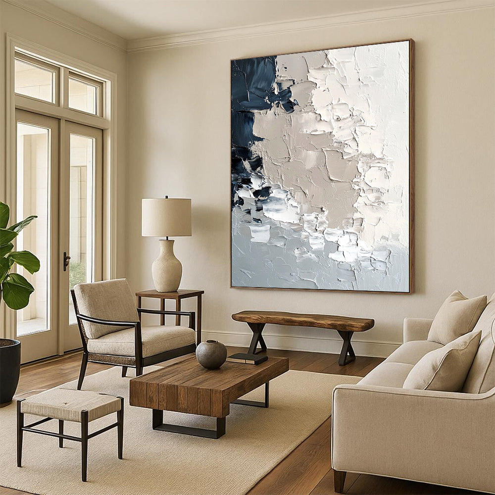 Contemporary hand-painted abstract art featuring textured icebergs in soft neutral tones and melting snowflakes, evoking a modern minimalist aesthetic. DLZ0427