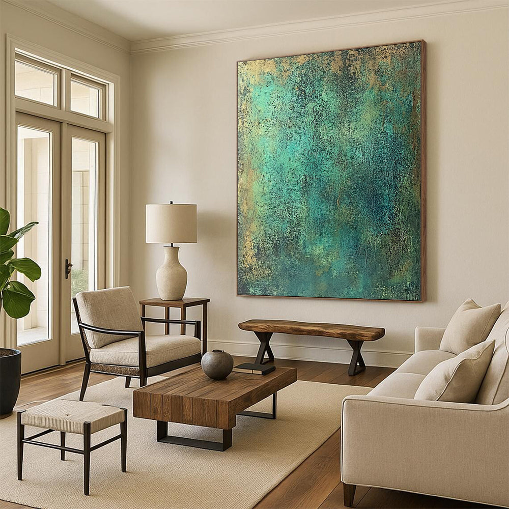 Large contemporary abstract painting featuring textured green metal tones with blue-green and brown speckles evoking strength and history reminiscent of ancient copper armor. DLZ1164