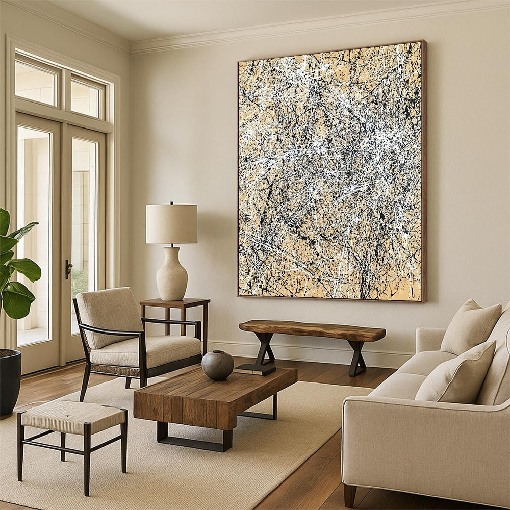 Contemporary hand-painted abstract art features intricate light brown and black crosshatching creating energetic movement and depth on canvas. DLZ0985