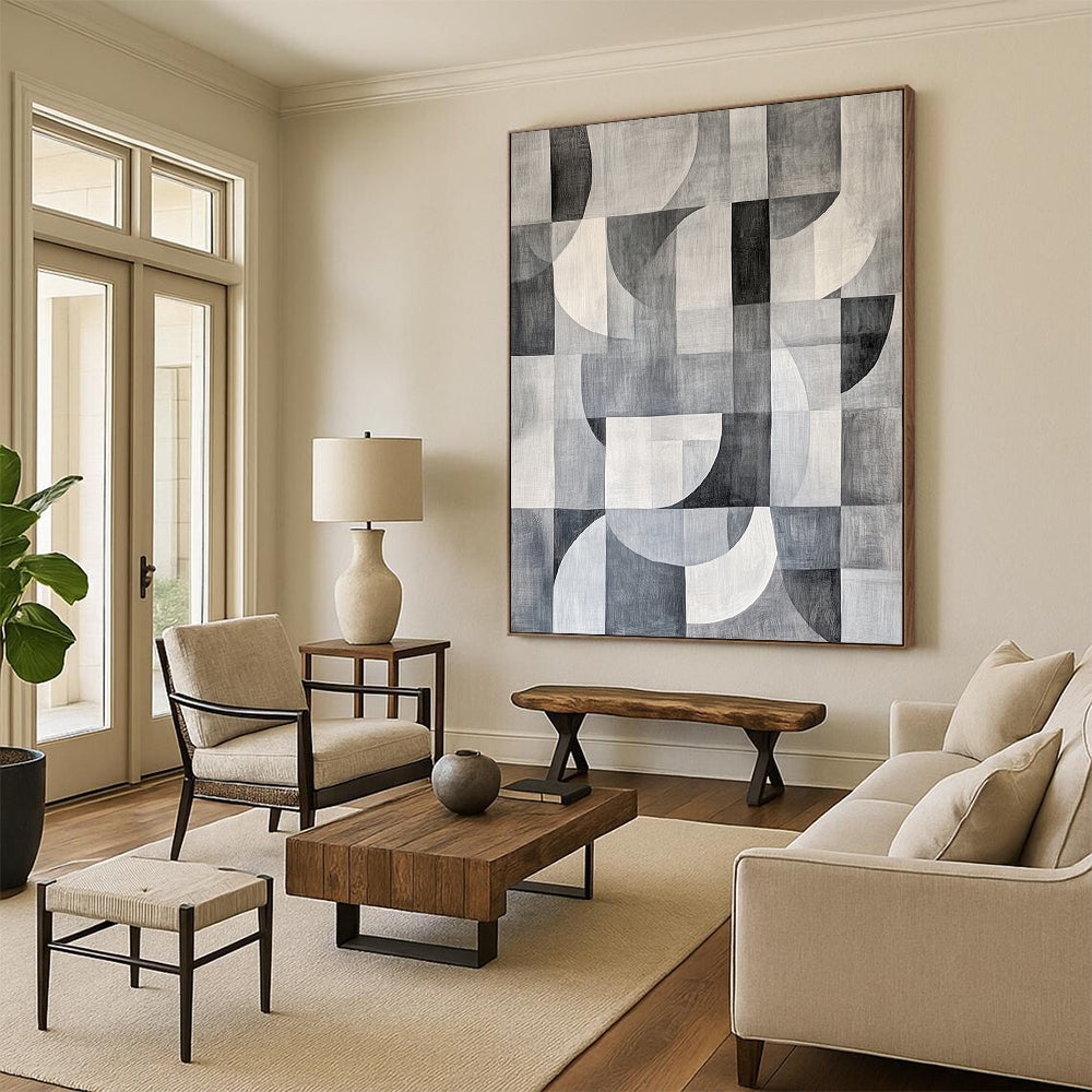 Gray, Black and White Geometric Circles and Squares "Monochrome Harmony" Painting On Canvas HB370