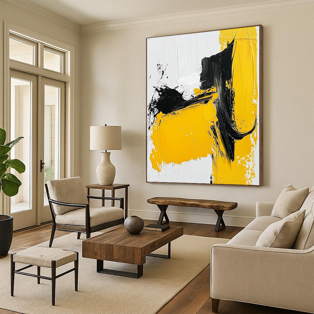 Contemporary abstract painting showcases bold yellow black and white strokes with thick paint on a textured canvas emphasizing minimalism and simple shapes. DLZ0837