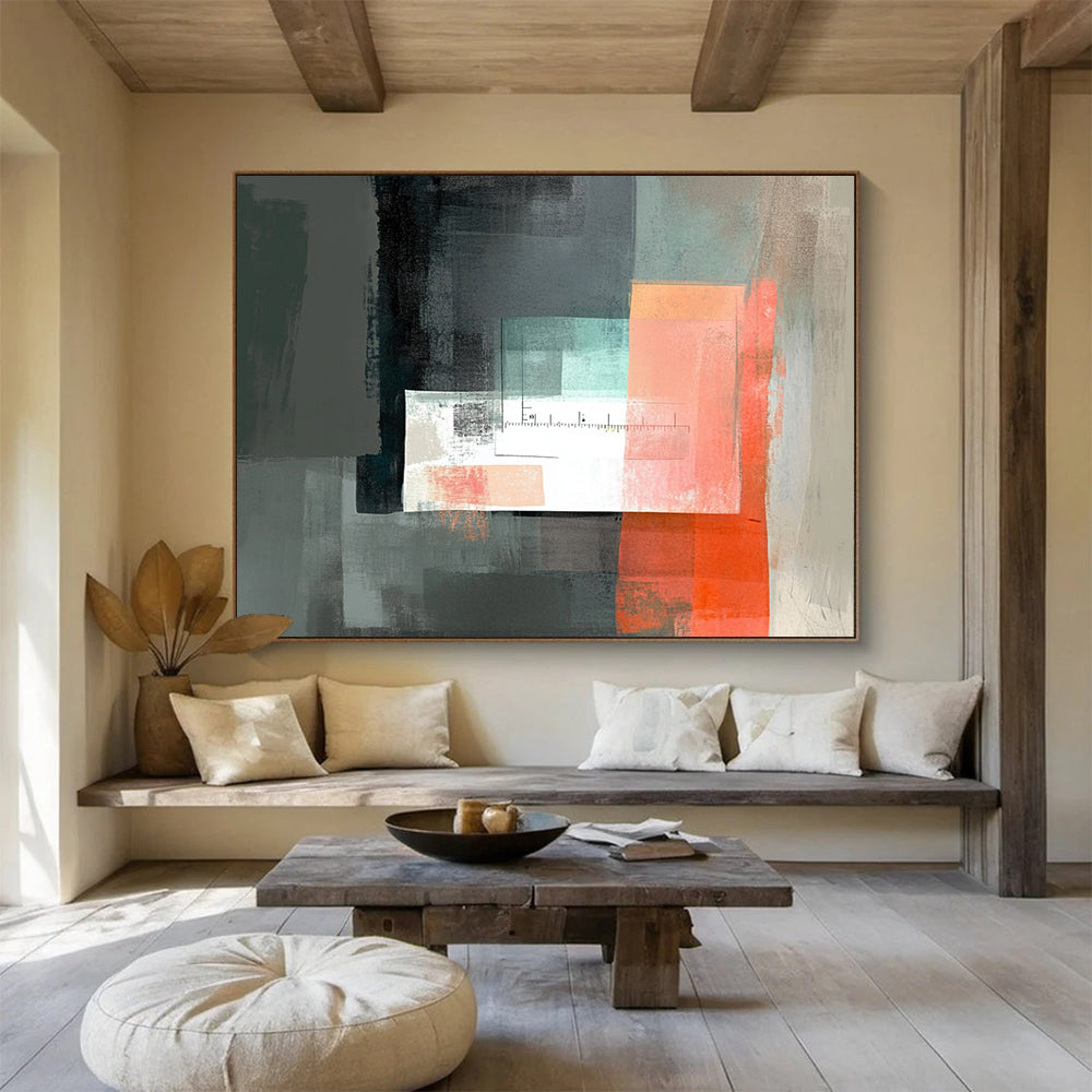 “Abstract Geometric with Ruler” - Gray, Coral, Teal, Geometric Shapes with Ruler Painting On Canvas HB0861