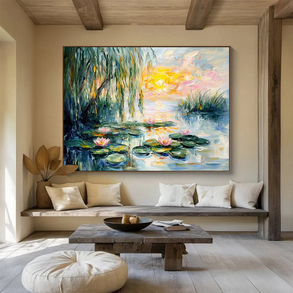 “Sunset Water Lilies” - Pink, Yellow, Green, Water Lilies, Sunset - Impressionist Oil Painting HB1680