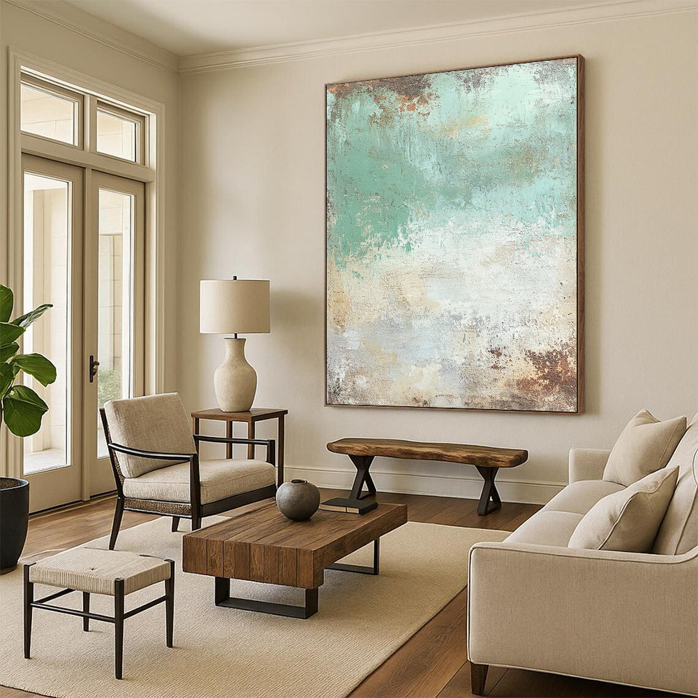 Contemporary abstract painting featuring seafoam green and cream textures with brown and rust accents, mixed media, artistically distressed details. DLZ0659