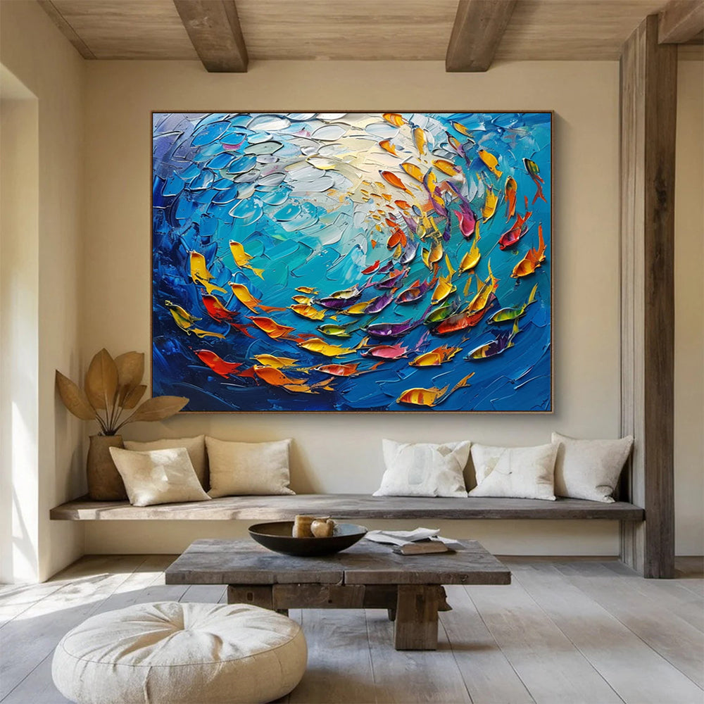 Textured Ocean Fish School - Coastal Living Room or Bathroom Art DLZ199