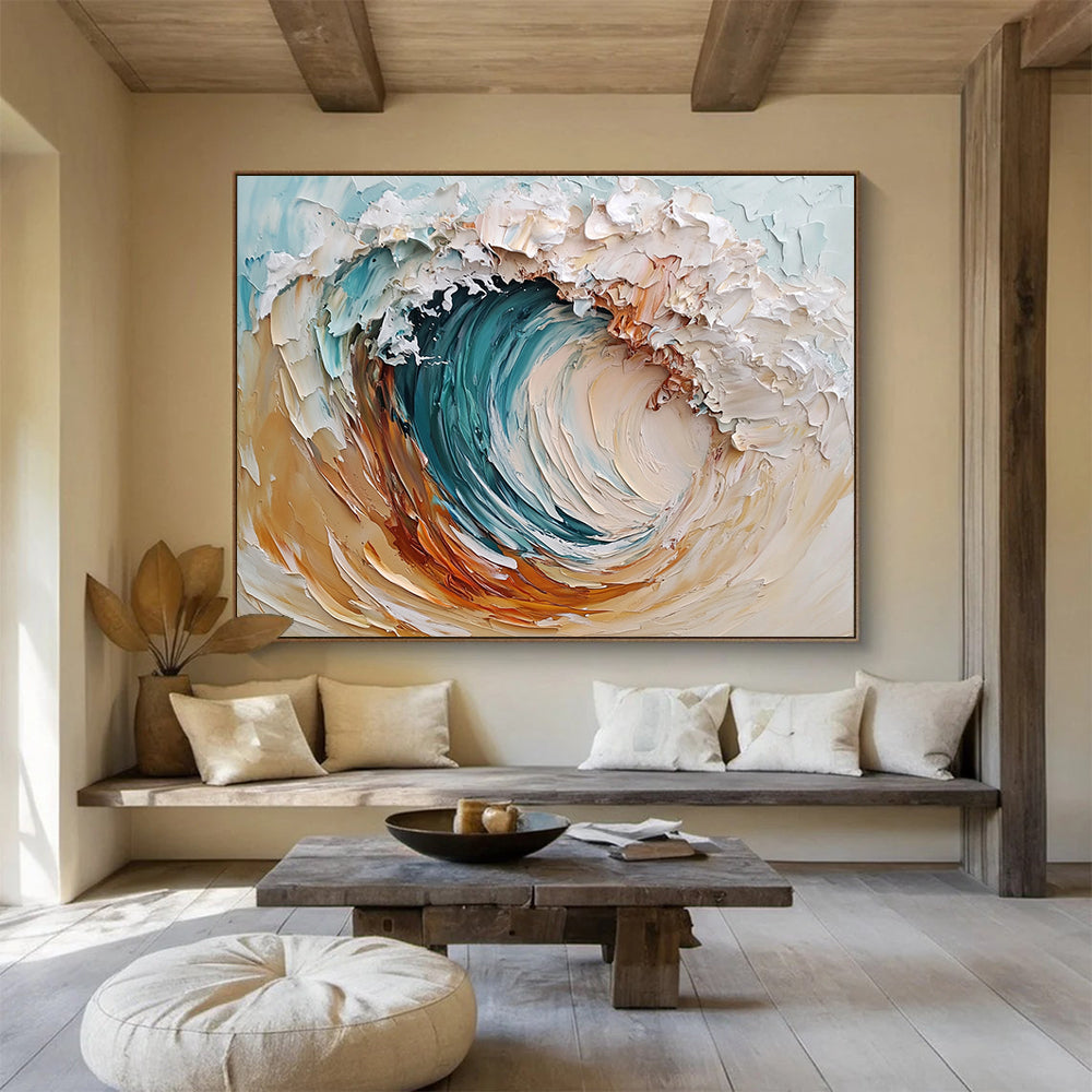 “Textured Ocean Wave” - Blue, White, Brown, Abstract Surf - Impasto Oil Painting HB1501